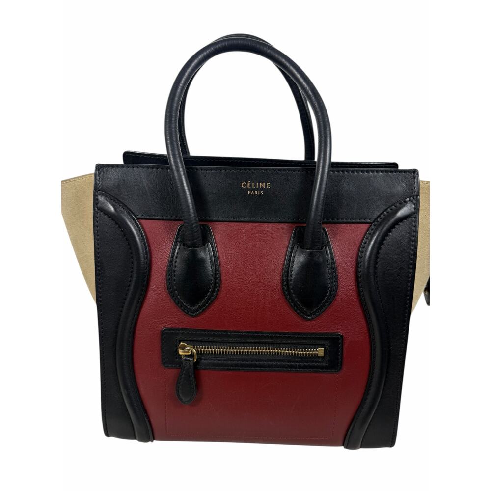 Celine Tricolor Mini Luggage Tote Bag Calf Leather Suede Rust Red Black - Picture 8 of 16